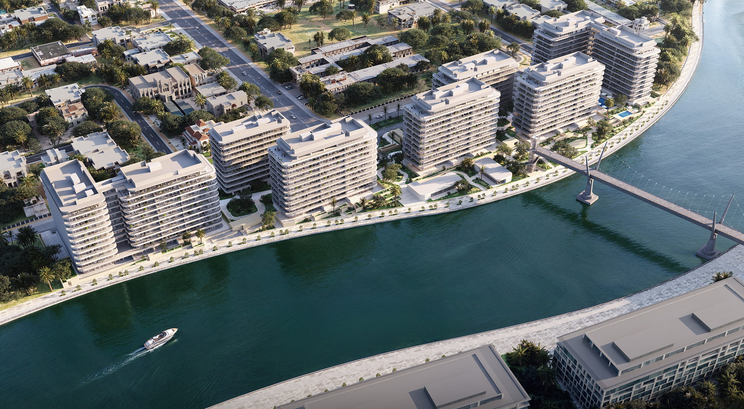 Aerial view of the community on the canal bend