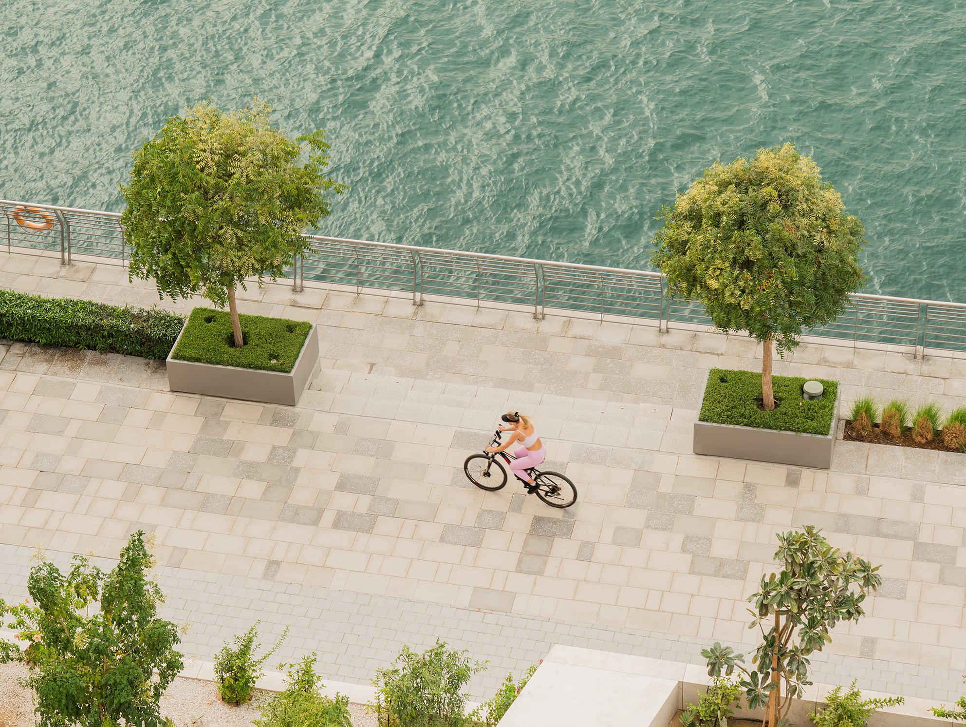 A cyclist on the canal boardwalk beside the water