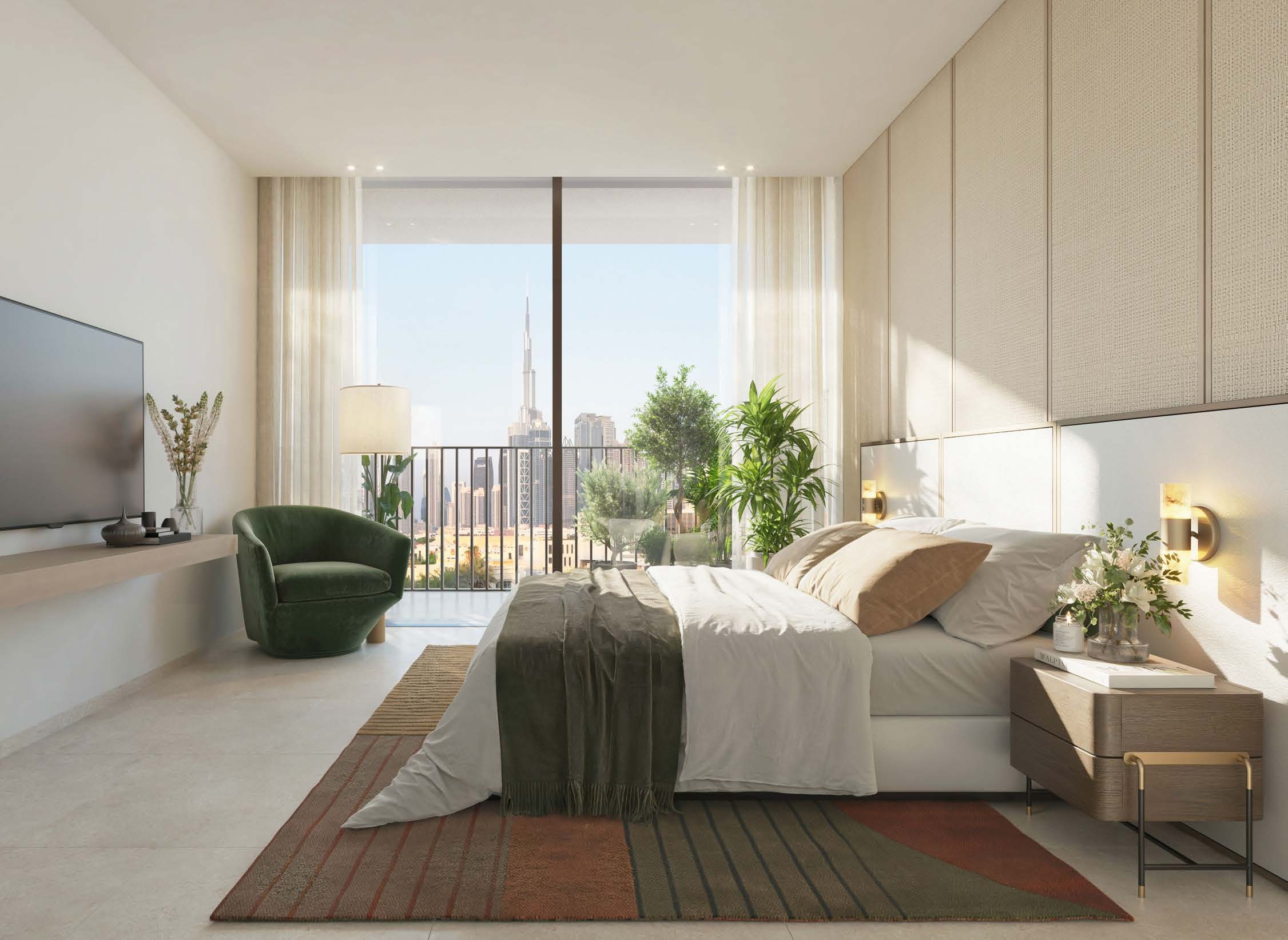 Bedroom in a garden residence opening onto its private outdoor space