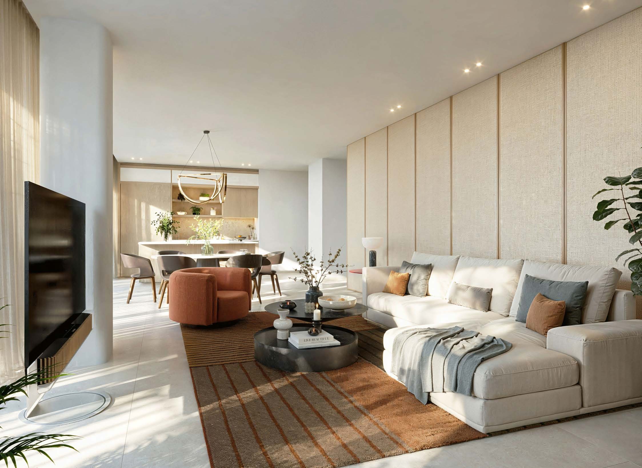 Penthouse living room with marble finishes and views over the canal