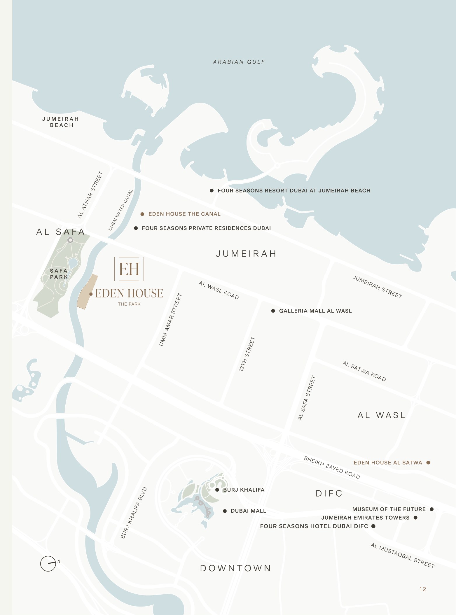 Locator map from the developer's brochure: Eden House The Park on the Dubai Water Canal between Al Wasl, Jumeirah and Downtown Dubai