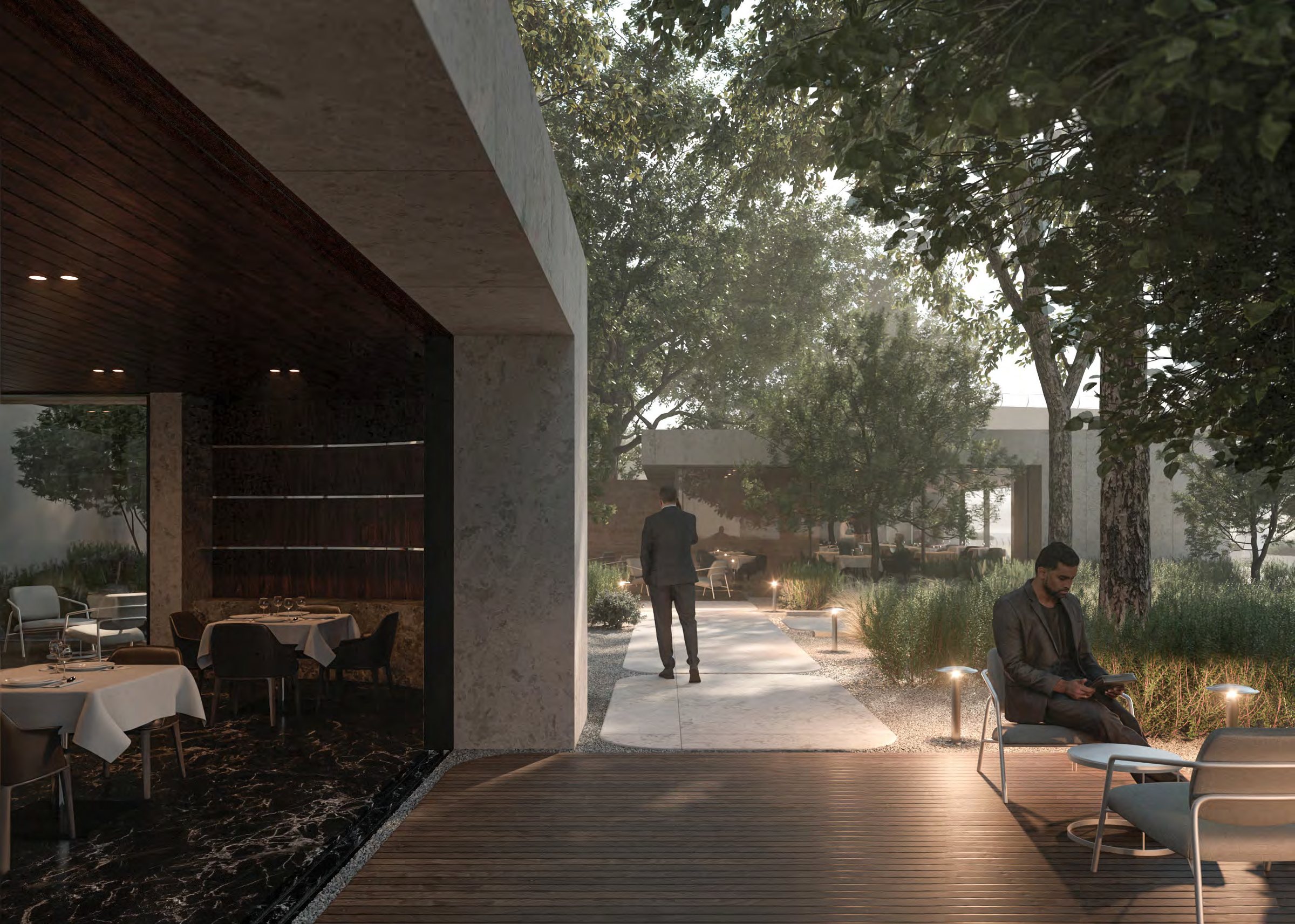 The canalfront colonnade with boutique retail and a cafe terrace