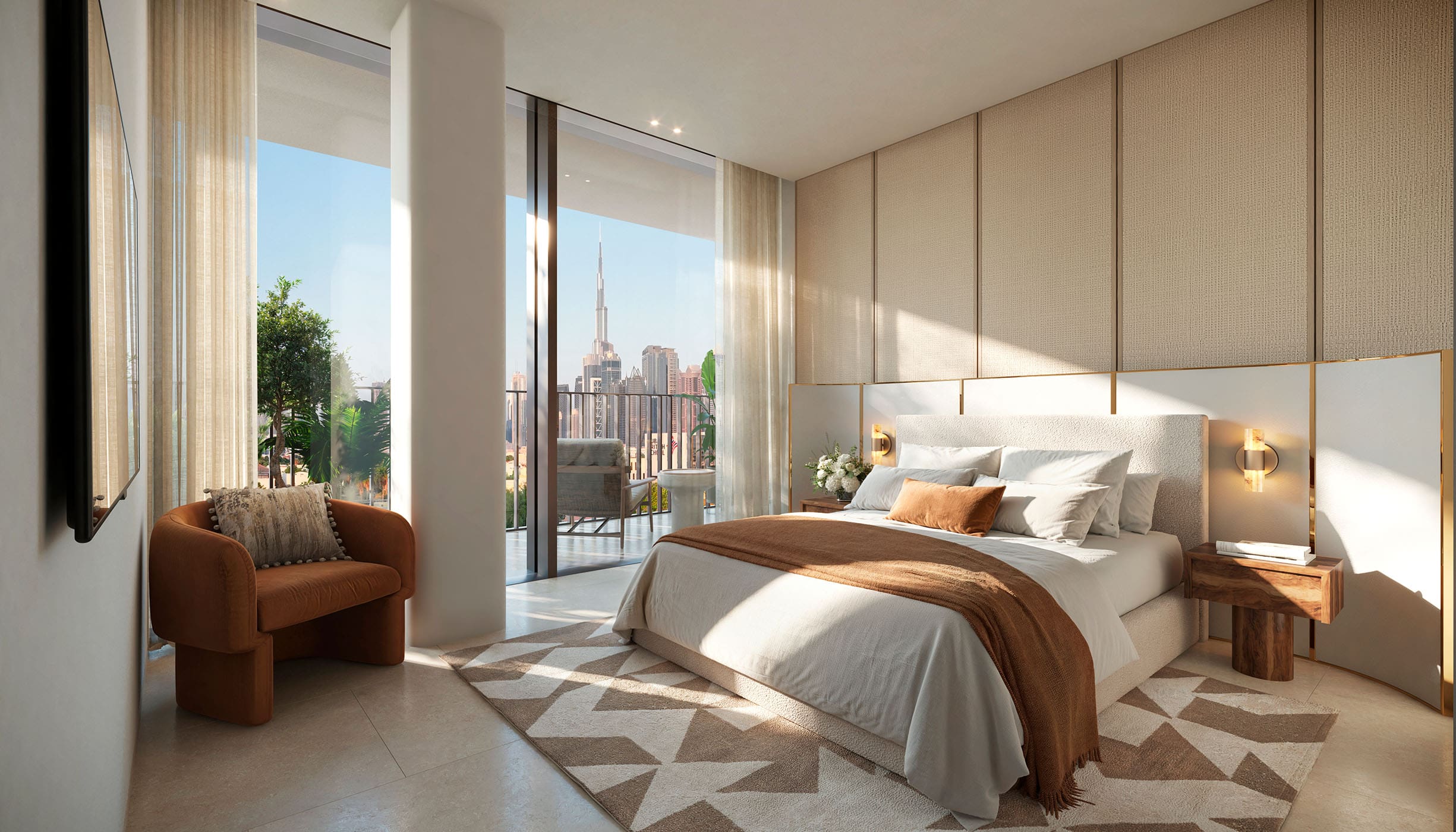 A principal bedroom with the terrace doors open and the Downtown skyline beyond