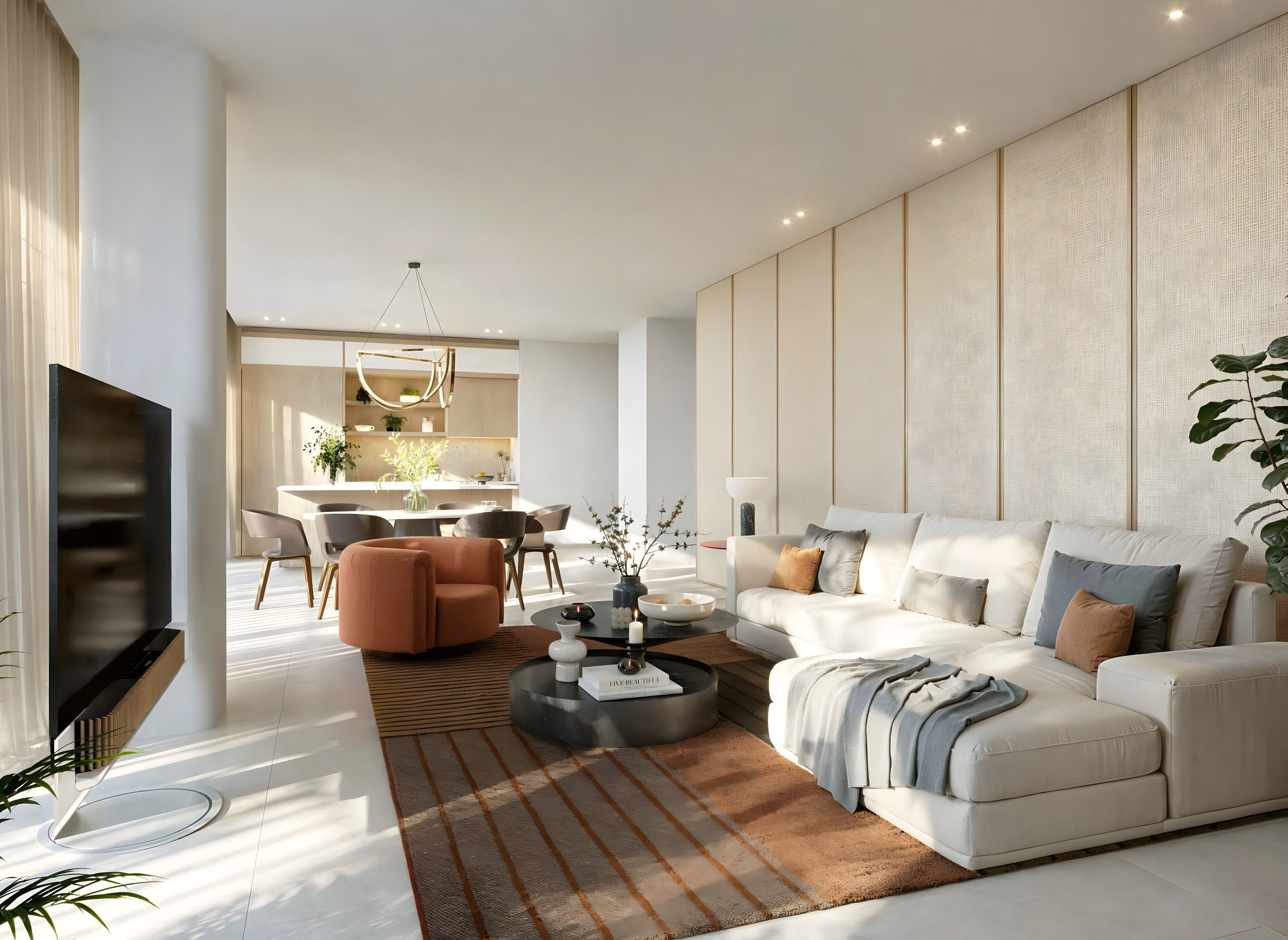 An open-plan living and dining room in warm neutrals, opening to a canal-facing terrace