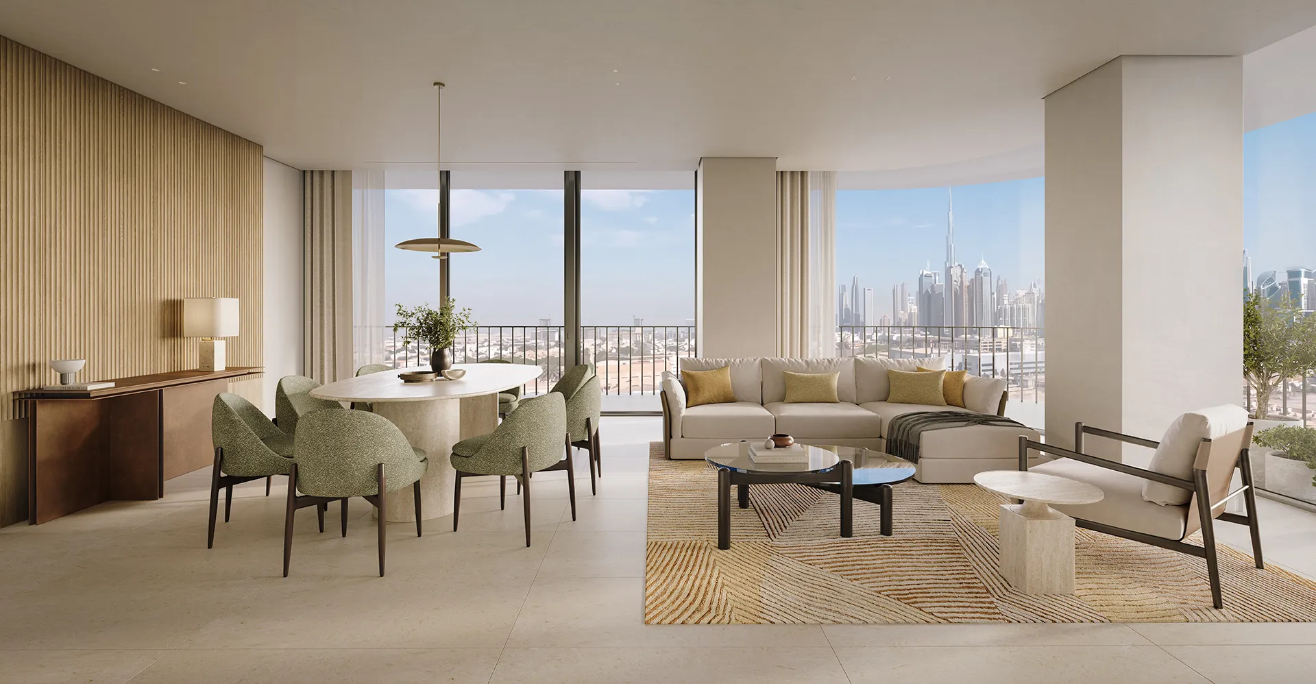 An open-plan living and dining room with the Downtown skyline through floor-to-ceiling glass