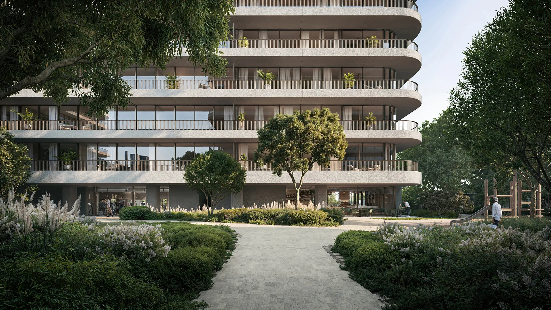 Curved balconies of Eden House The Park above the parkland planting