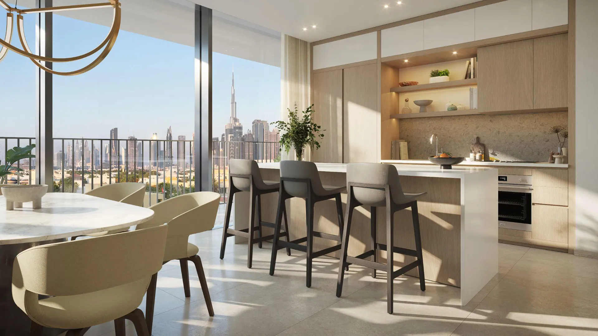 Kitchen and breakfast bar with a city view